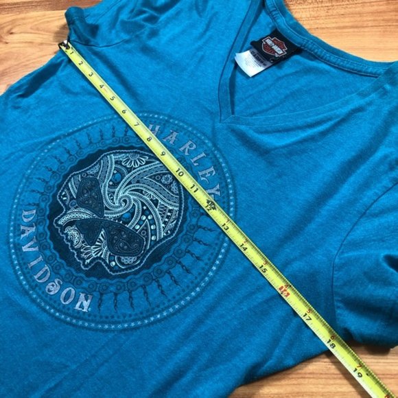 Harley Davidson "2014" Skull 💀 T-Shirt Teal V- neck El Paso Texas Size Large - Picture 9 of 12